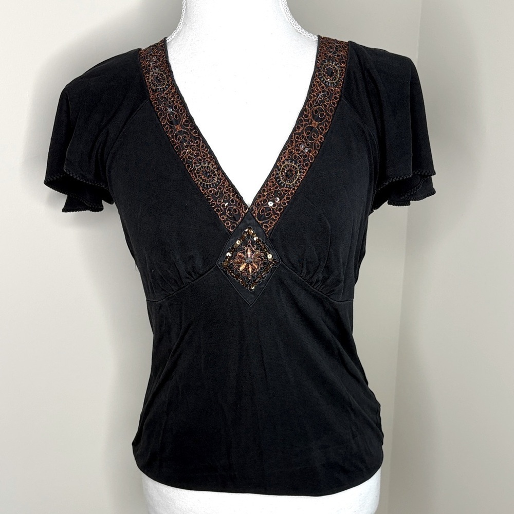 The Limited Black Babydoll Silk & Rayon Top with Brown Embellished V Neckline.